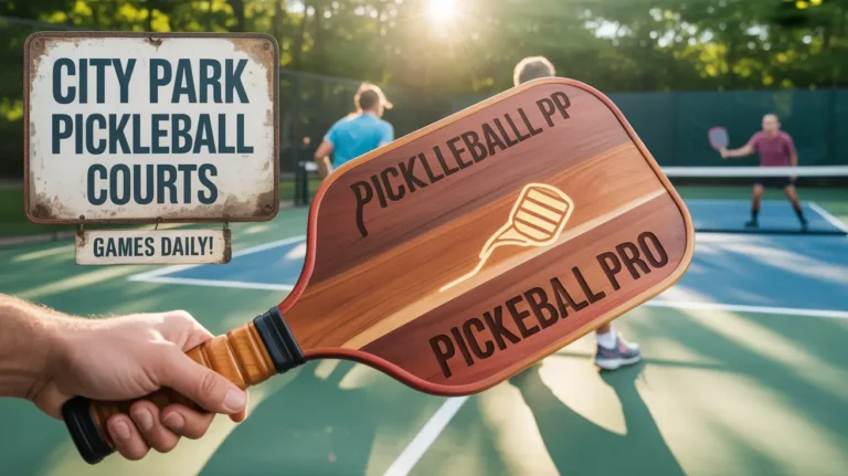 Hand holding wooden pickleball paddle at city park court while players compete behind, sign reads City Park Pickleball Court.