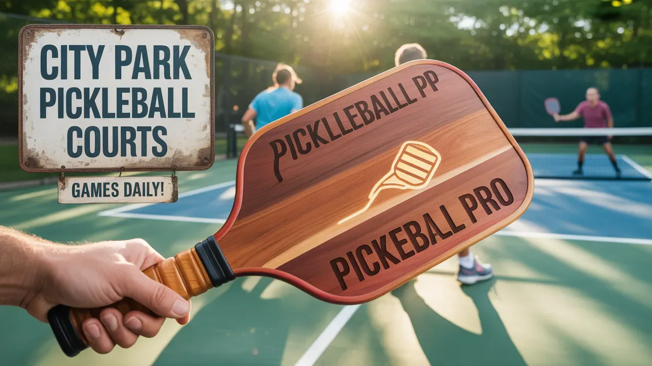 Hand holding wooden pickleball paddle at city park court while players compete behind, sign reads City Park Pickleball Court.