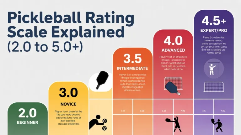 Pickleball rating scale explained from 2.0 beginner to 5.0+ expert, showing novice, intermediate, advanced levels infographic.