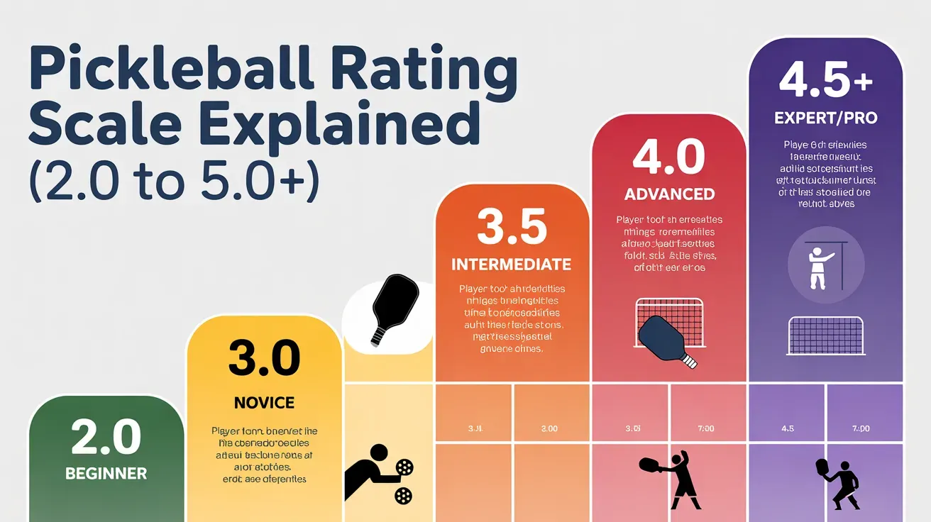 Pickleball rating scale explained from 2.0 beginner to 5.0+ expert, showing novice, intermediate, advanced levels infographic.