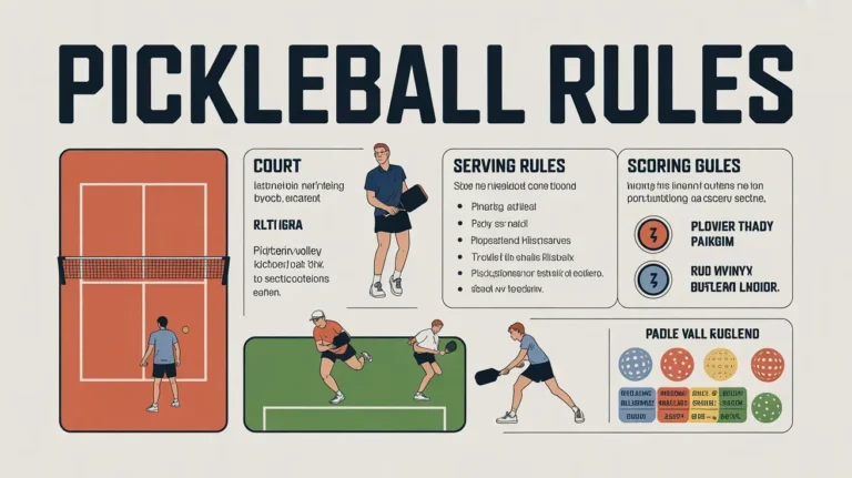 Pickleball rules infographic showing court layout, serving rules, scoring system, kitchen zone, players, paddles, and balls.