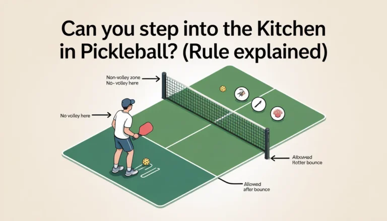 Pickleball players rally near the kitchen line as one prepares to hit the ball, showing positioning and non-volley zone play.