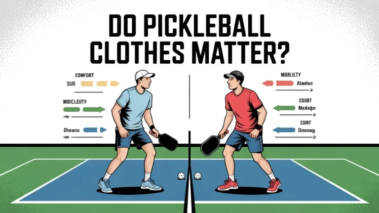 Infographic asking if pickleball clothes matter, showing two players, comfort, mobility, and performance benefits.
