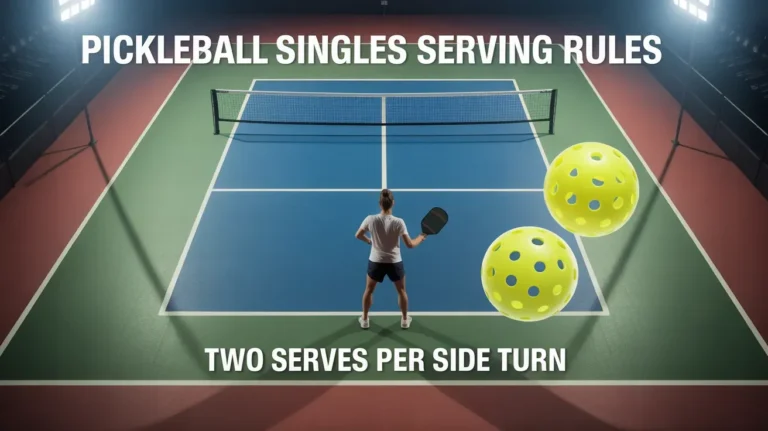 Pickleball singles serving rules graphic showing player on court with net and text about two serves per side turn.