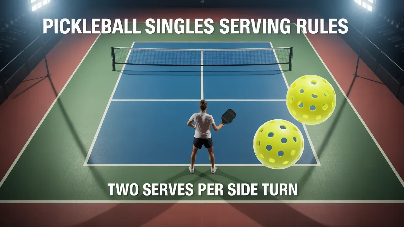 Pickleball singles serving rules graphic showing player on court with net and text about two serves per side turn.