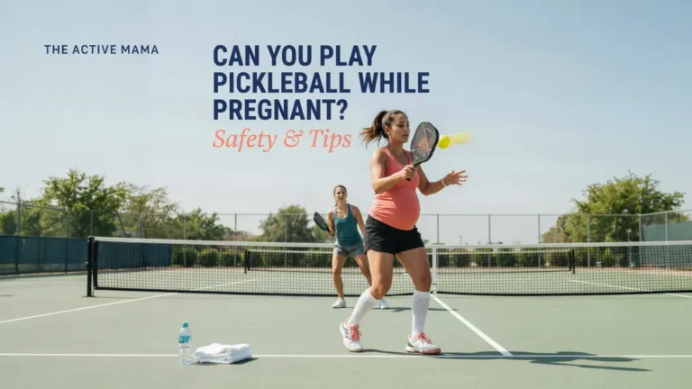 Pregnant woman playing pickleball on an outdoor court with a partner, highlighting safe play during pregnancy.