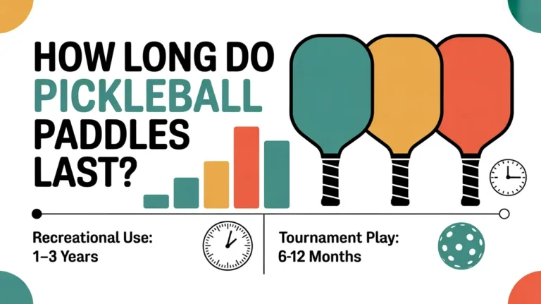 Infographic of pickleball paddle lifespan showing recreational use 1–3 years and tournament play 6–12 months with chart and paddles.
