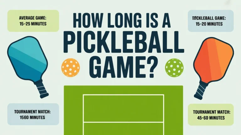 Infographic showing pickleball game length with paddles and balls, highlighting average games of 15–25 minutes and tournaments lasting 45–60 minutes.