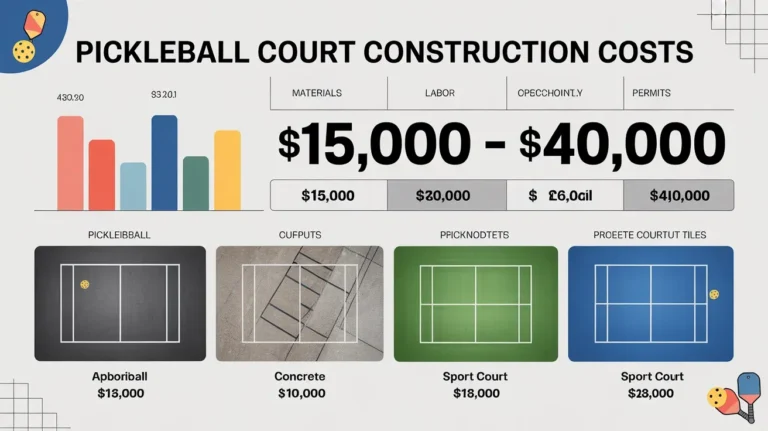 Pickleball court construction cost infographic showing $15,000–$40,000 range with material, labor, permits, and surface options like concrete.