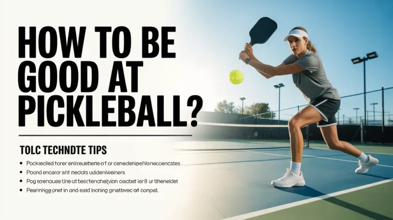 Pickleball player hitting a forehand on court with banner text about how to be good at pickleball and tips to improve skills and performance.