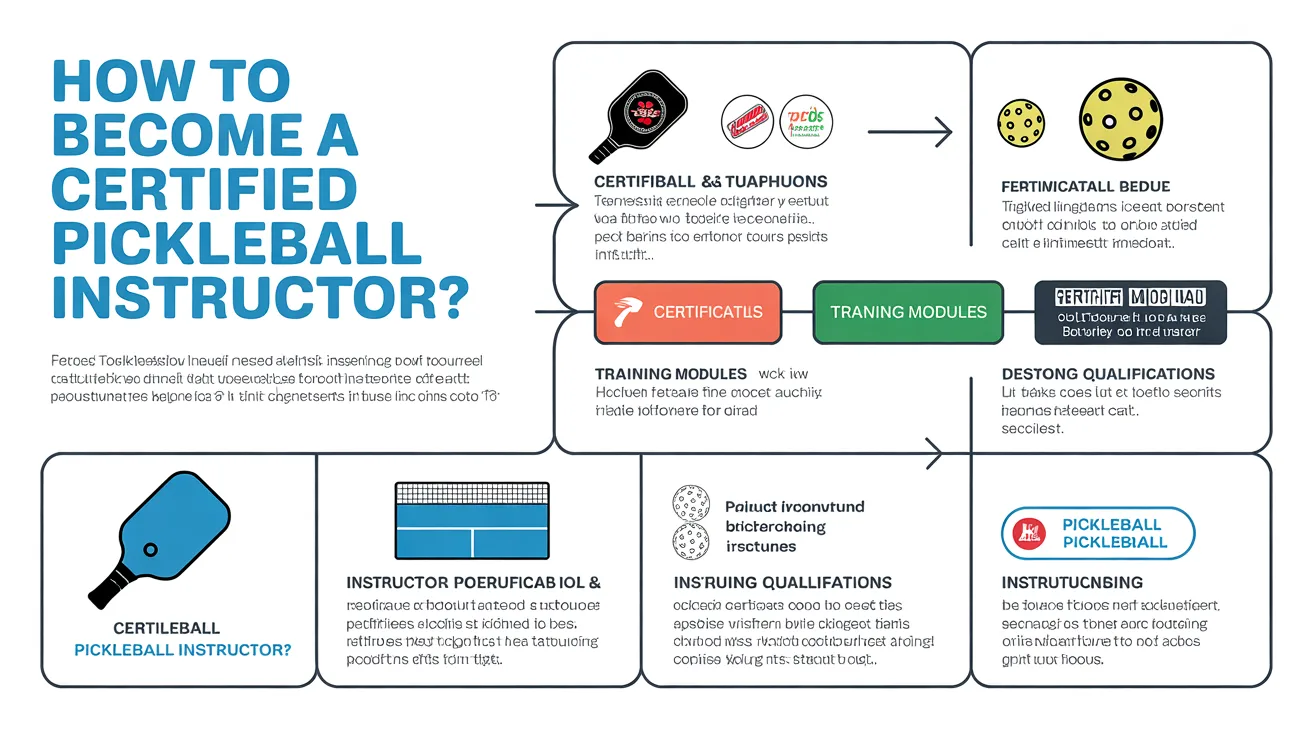 Infographic explaining how to become a certified pickleball instructor, covering certification programs, training modules, and skill requirements.