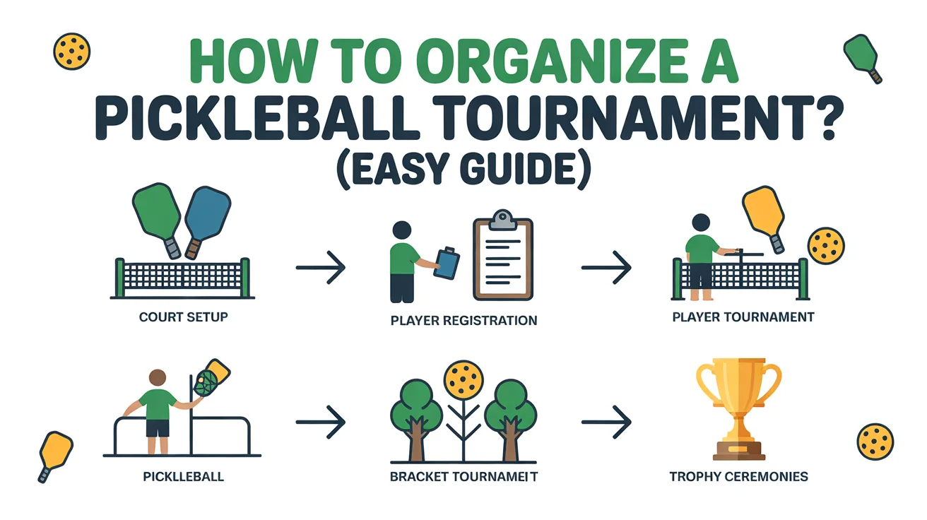 How to organize a pickleball tournament infographic showing court setup, player registration, matches, brackets, and trophy ceremony steps