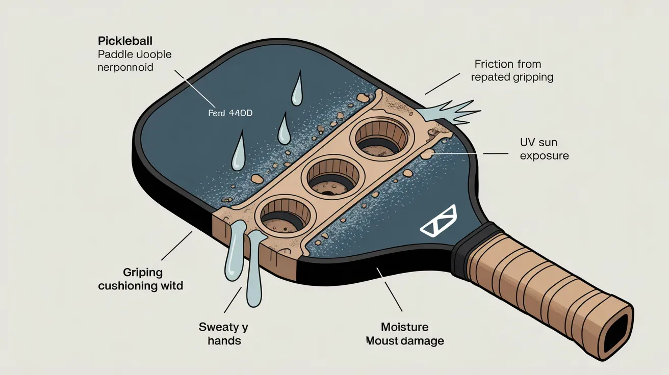Diagram of a pickleball paddle showing grip wear causes like sweat, moisture, UV exposure, and friction from repeated gripping.