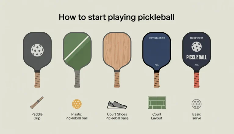 Infographic showing beginner pickleball paddles, plastic ball, court shoes, court layout, and basic serve tips for learning how to start playing pickleball.