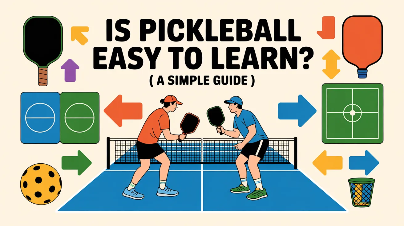 Infographic showing two players on a pickleball court with paddles, ball, and icons explaining why pickleball is easy to learn for beginners.