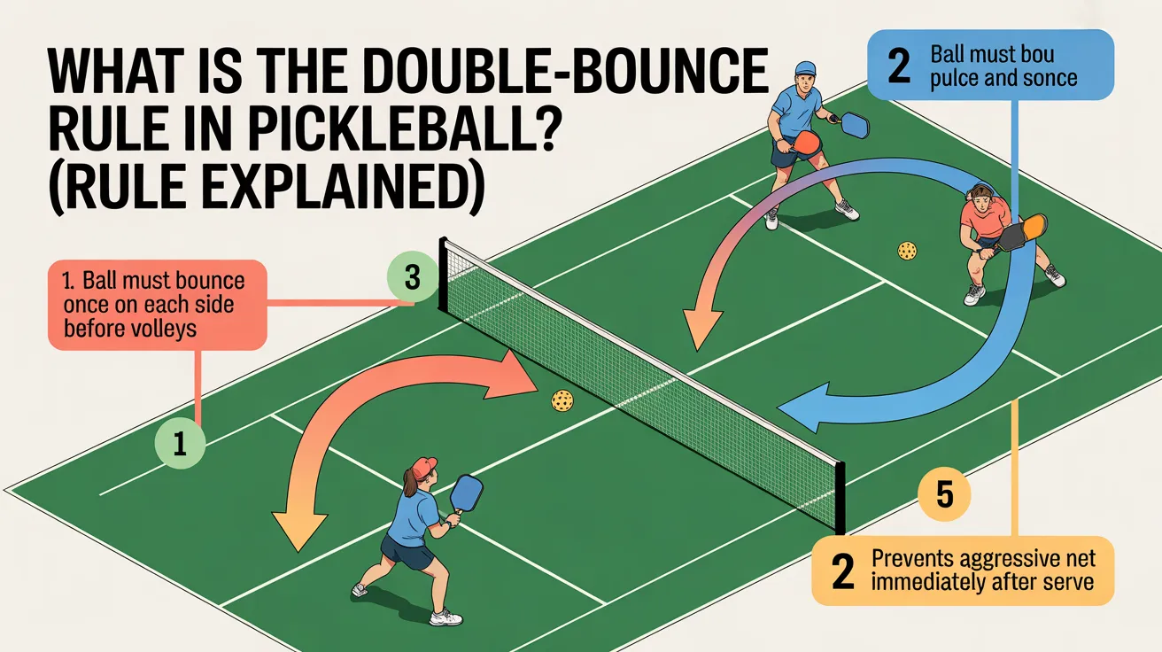 Diagram showing the double-bounce rule in pickleball, where the ball must bounce once on each side before volleys are allowed.