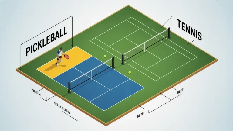 Diagram comparing pickleball and tennis courts, showing smaller pickleball layout, net, and non-volley zone beside tennis court.