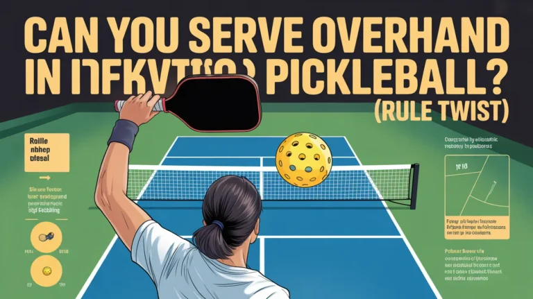 Illustration of a pickleball player attempting an overhand serve, showing illegal technique compared to proper underhand serving rules