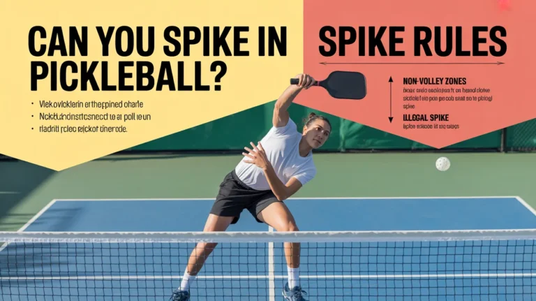 Player hitting a powerful spike in pickleball near the net with graphic showing spike rules and non-volley zone restrictions explained clearly