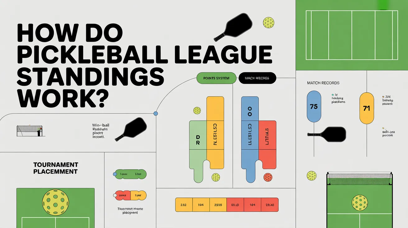 How pickleball league standings work infographic showing wins, points system, match records, and ranking factors visually explained