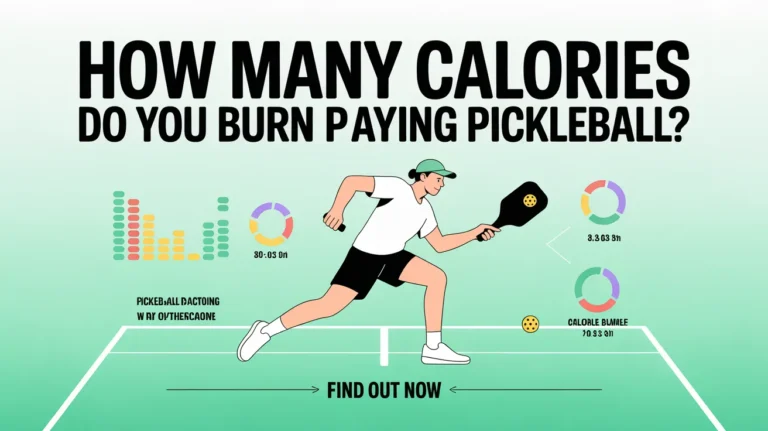 How many calories do you burn playing pickleball infographic showing player, charts, and calorie burn data with call to action find out now