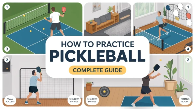 Illustrated guide showing practice pickleball at home with fun drills like wall volleys, shadow swings, and target practice