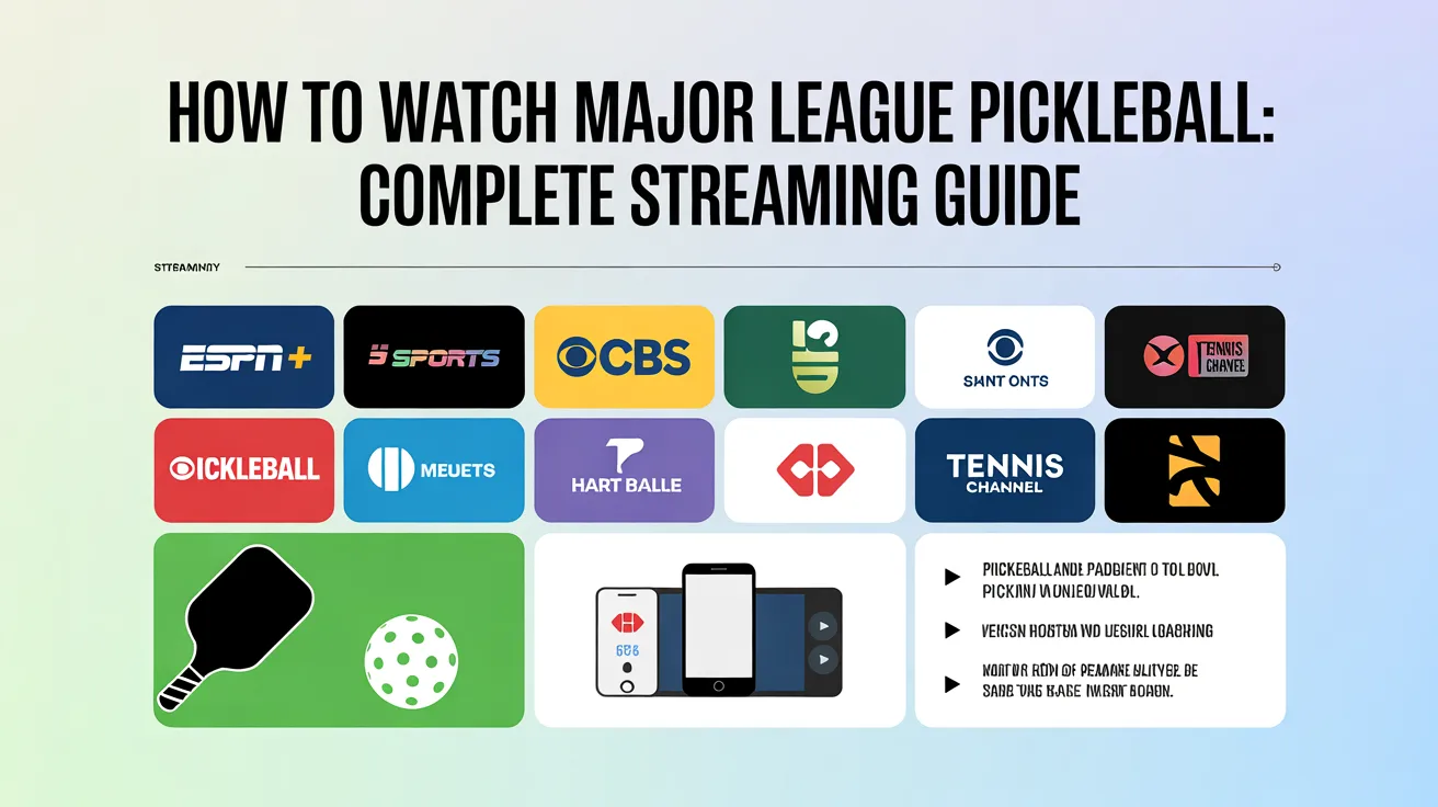 Graphic guide showing how to watch Major League Pickleball with streaming platform logos like ESPN+, CBS, and Tennis Channel