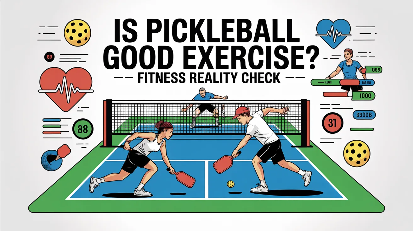 Illustration of two players playing pickleball on a court with fitness icons, heart rate graphics, and text asking if pickleball is good exercise