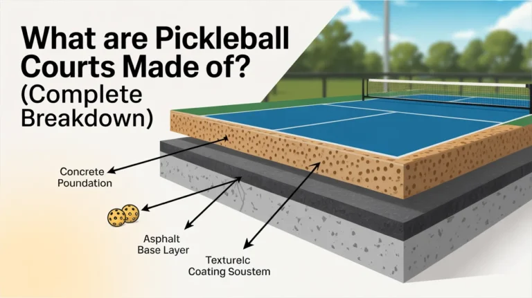 Pickleball court layers showing concrete foundation, asphalt base, and textured acrylic coating for surface durability and play quality