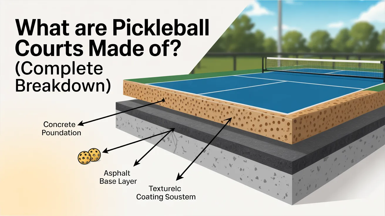 Pickleball court layers showing concrete foundation, asphalt base, and textured acrylic coating for surface durability and play quality