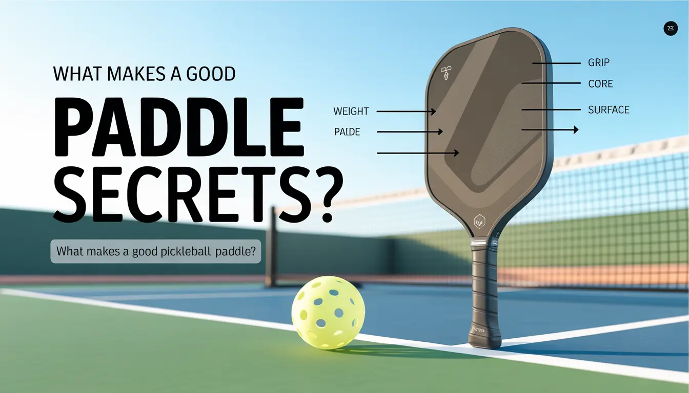Pickleball paddle on court with ball, labeled grip, core, surface and weight, bold text “Paddle Secrets” showing key paddle features clearly
