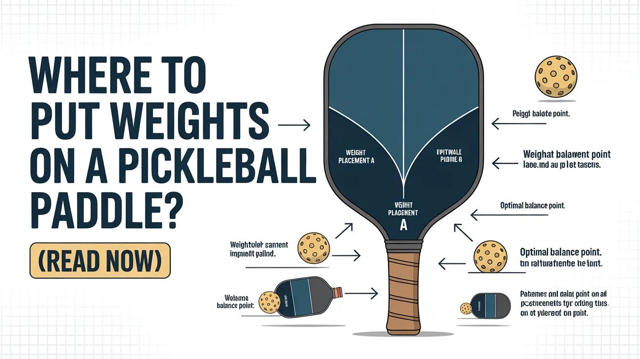 Where to put weights on a pickleball paddle diagram showing top, sides, and handle placement for power, control, and balance