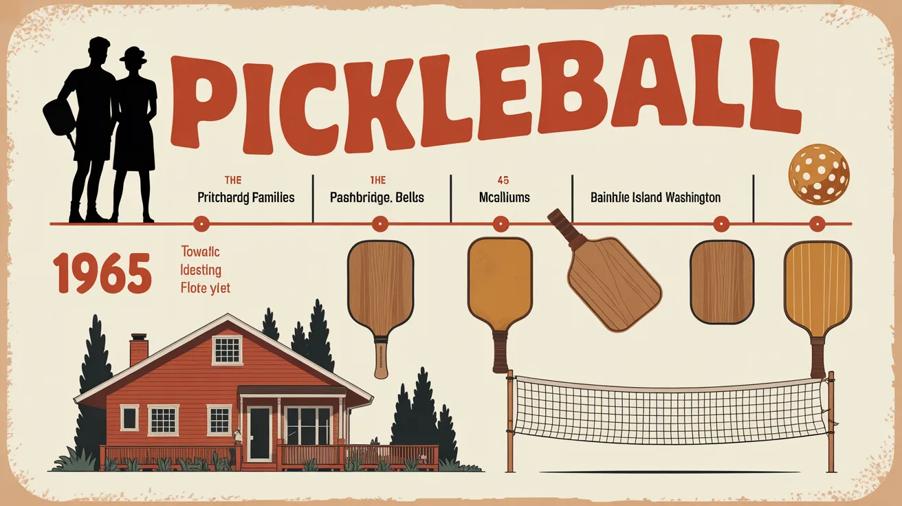 Vintage 1965 pickleball history infographic showing paddles, net, family home, and timeline of the sport’s