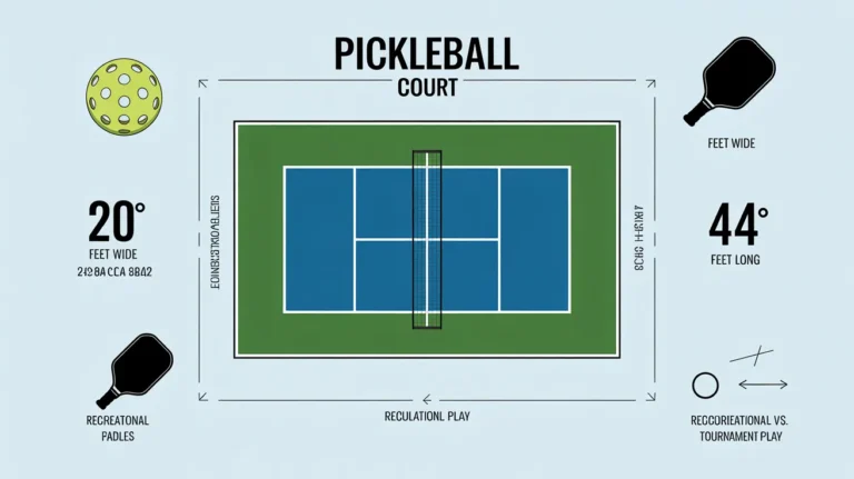 Infographic of a pickleball court showing 20-foot width, 44-foot length, net placement, paddles, and ball icons.