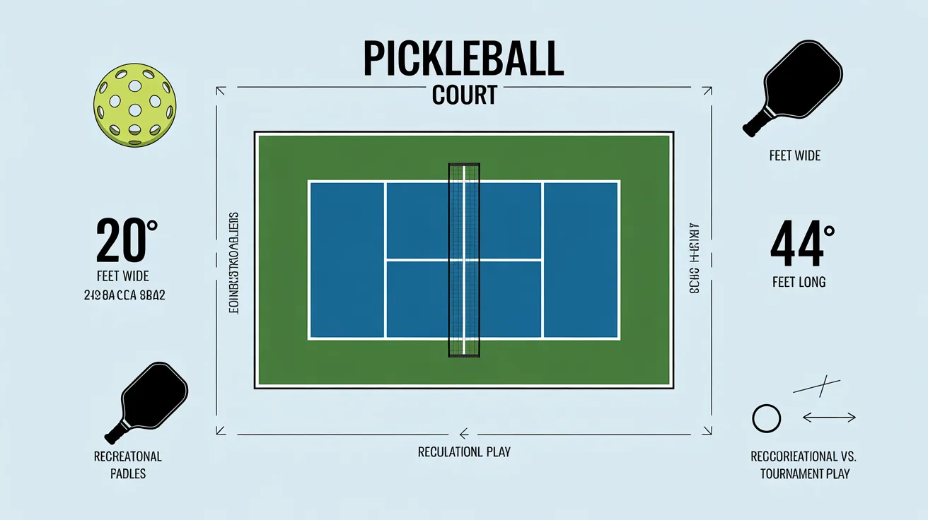 Infographic of a pickleball court showing 20-foot width, 44-foot length, net placement, paddles, and ball icons.
