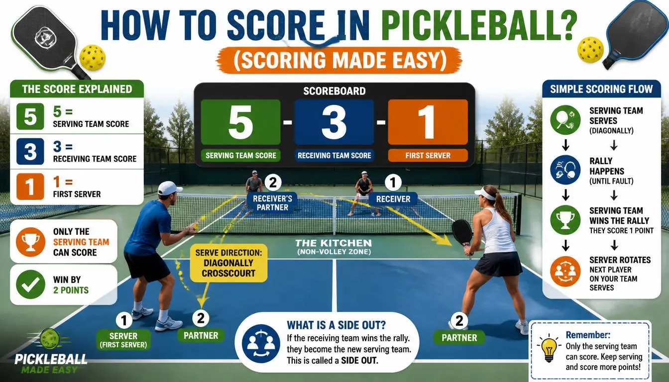 Learn easy pickleball scoring: serve, rally, and win points. Understand side-out, first to 11, win by 2 rules with this simple scoring guide for beginners.