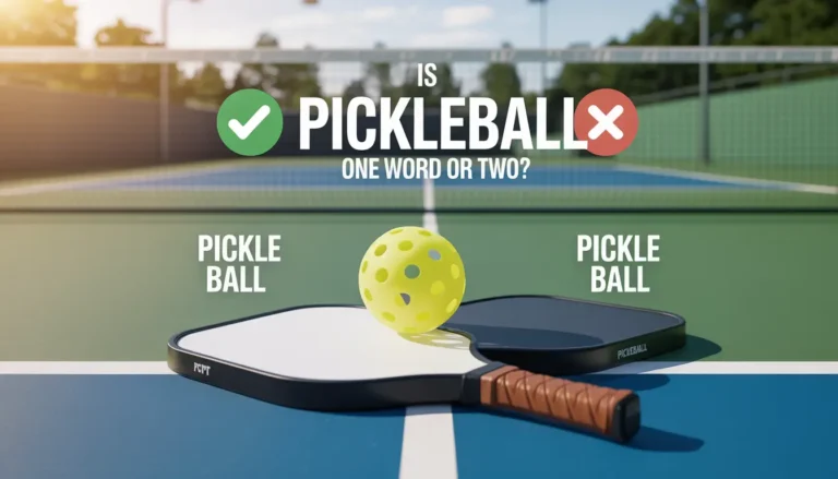 Graphic asking if pickleball is one or two words, showing paddles and a yellow ball on an outdoor court with text examples