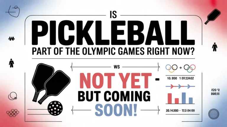 Pickleball Olympic infographic showing paddles, ball, Olympic symbols, and future Olympic possibility with “Not Yet But Coming Soon” text.