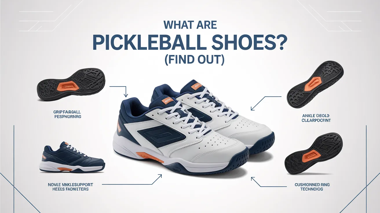 Pickleball shoes with grip sole, lateral support, and cushioning, showing features for stability, comfort, and court performance