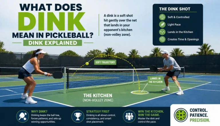 Two pickleball players demonstrate a dink shot near the kitchen line, showing soft trajectory, control, placement, and strategy.