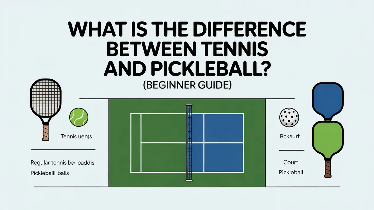 Tennis vs pickleball comparison showing court size, rackets, paddle, and ball differences in a simple beginner-friendly visual guide