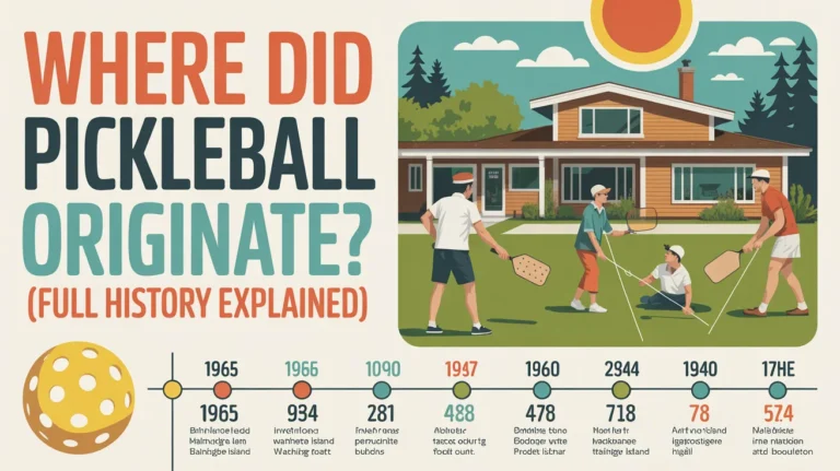 Illustration showing the origin of pickleball in 1965 on Bainbridge Island with family players, paddles, and timeline history.