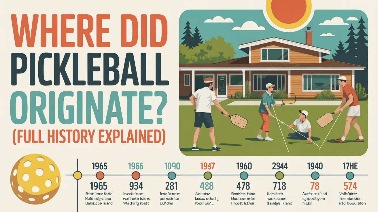 Illustration showing the origin of pickleball in 1965 on Bainbridge Island with family players, paddles, and timeline history.