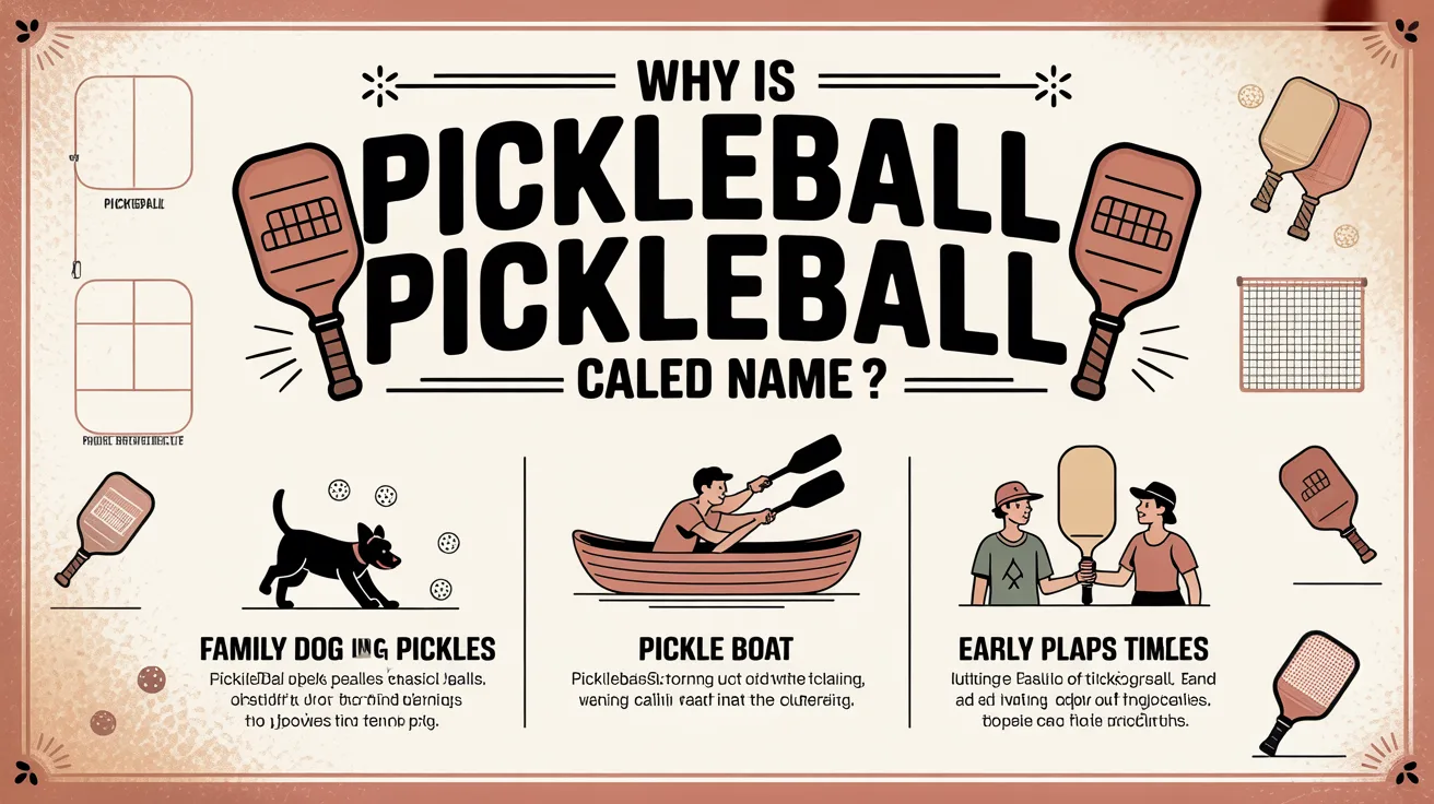 Infographic explaining why pickleball is called pickleball, featuring paddles, court design, family dog, and origin story.