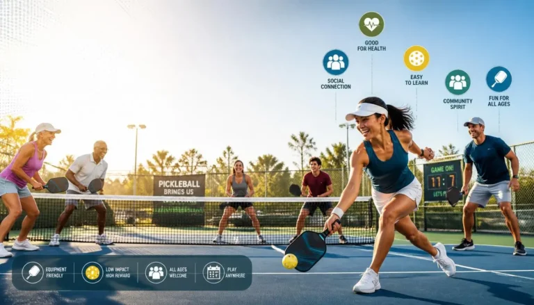 People of all ages enjoying pickleball on outdoor court, showing fitness, fun, social connection, and easy-to-learn gameplay.