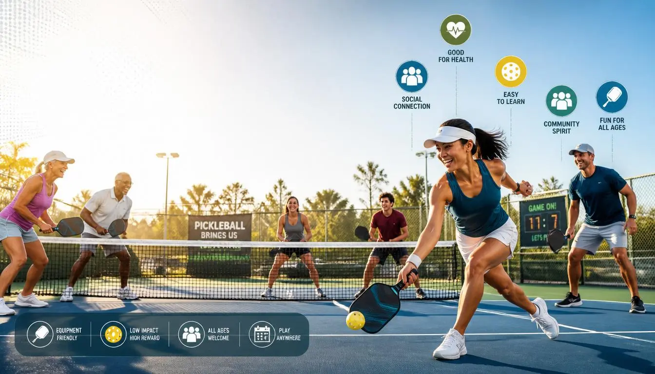 People of all ages enjoying pickleball on outdoor court, showing fitness, fun, social connection, and easy-to-learn gameplay.