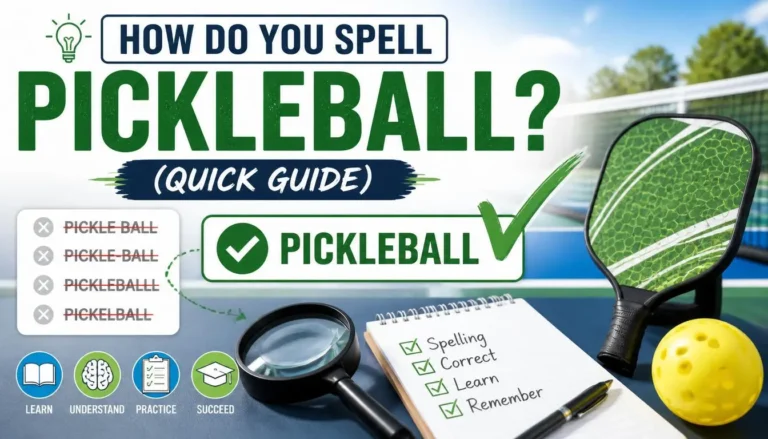 How do you spell Pickleball quick guide with correct spelling, green check mark, paddle, ball, court, and learning icons.