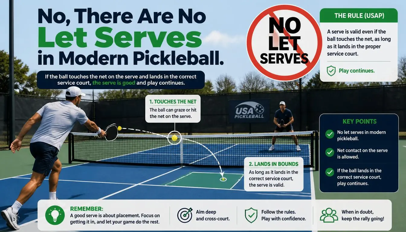 Infographic showing modern pickleball rule: no let serves, net-touch serve is valid if ball lands in bounds.