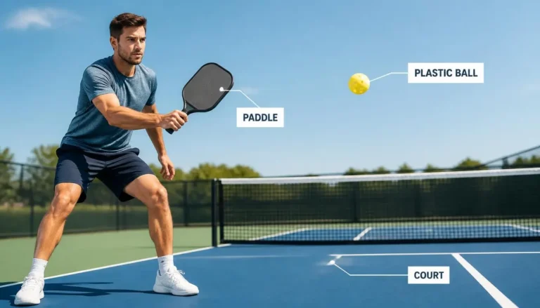 Player using a pickleball paddle and plastic ball on an outdoor court, showing the three essentials of pickleball.
