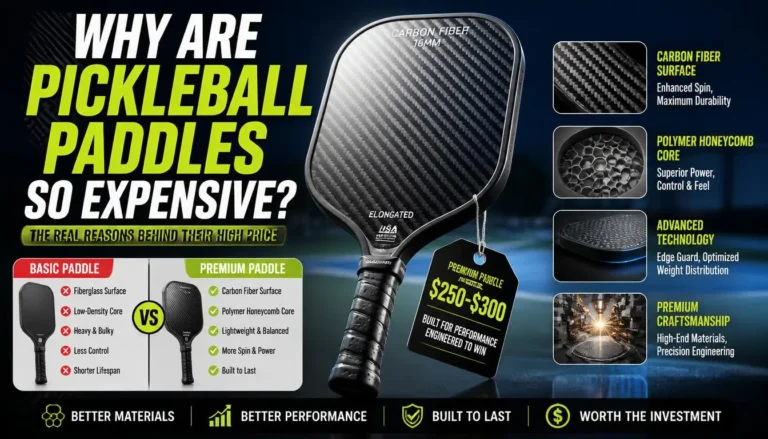 Premium carbon fiber pickleball paddle with $250-$300 price tag, comparing materials, technology, and performance.